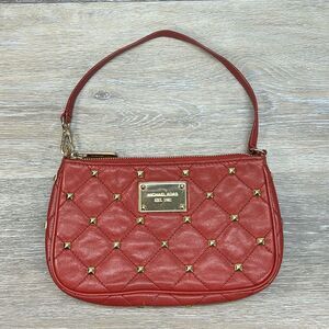 Michael Kors gold tone studded red quilted leather wristlet clutch
